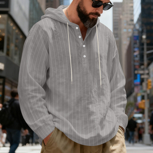 Camisa Lino Holgada Talla Grande Hombre a Rayas con Capucha - Image 41