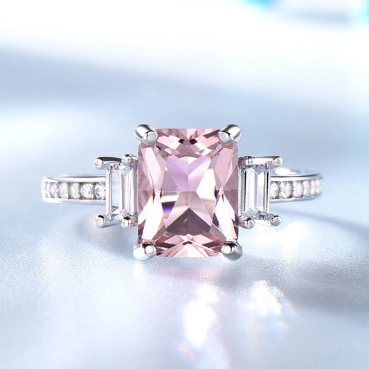 Anillo de Plata Esterlina con Morganita Cuadrada - Diseño Minimalista Coreano