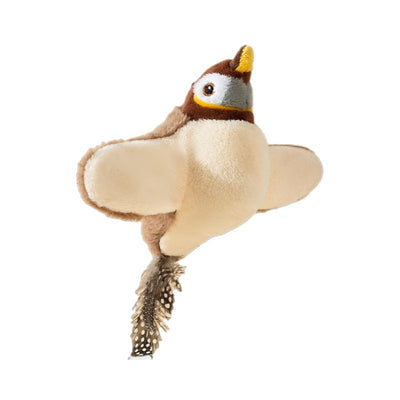 Plush interactive bird toy with brown head, cream body, yellow beak, and spotted feather tail. - Image 3