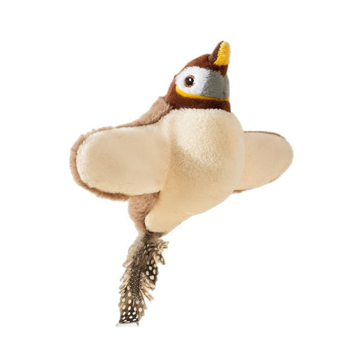 Plush interactive bird toy with brown head, cream body, yellow beak, and spotted feather tail. - Image 3