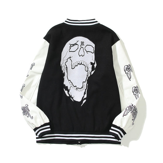 Chaqueta Universitaria de Cuero con Bordado de Calavera y Costuras en Mangas - Image 9
