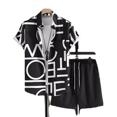 Conjunto de Camisa Hawaiana Hombre a Rayas Blanco y Negro - Image 5