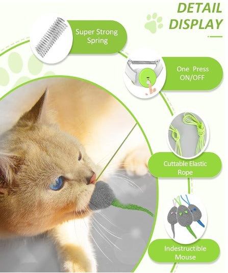 Automatic interactive cat toy with a white and blue door hanger, retractable string, and grey mouse lure. - Image 22
