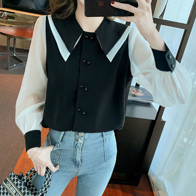 Blusa Larga de Gasa con Cuello Muñeca y Mangas Farol para Mujer - Image 3