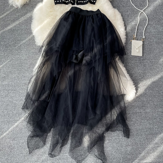Conjunto de Dos Piezas: Top Tubo con Strass y Falda Midi con Malla Irregular - Image 14