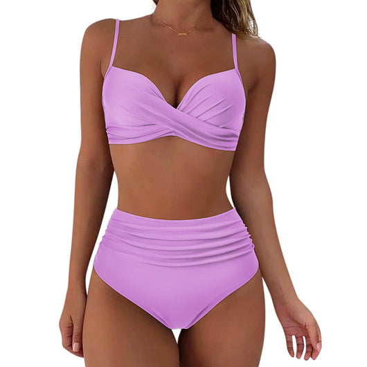 Olive green high-waisted bikini with a ruched wrap-front top and ruched high-waist bottom. - Image 7