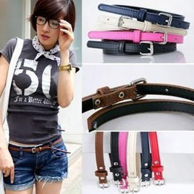 Thin brown imitation leather belt with a small silver D-shaped pin buckle, displayed on a white background. - Image 15