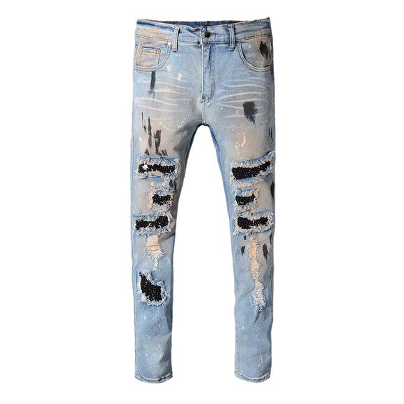 Men's Ripped Jeans with Vintage Washed Distressed Patches