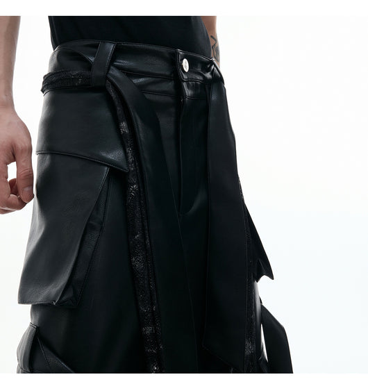Pantalones de Cuero Retro con Múltiples Bolsillos y Detalles de Costura - Image 16