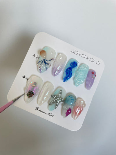 Uñas Postizas Artesanales Mundo Submarino Feliz Blanco - Manicura Larga Avanzada - Image 7