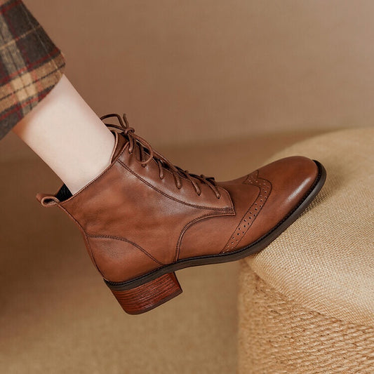 Botas Tobilleras de Cuero Estilo Retro con Cierre Lateral y Cordones - Image 2