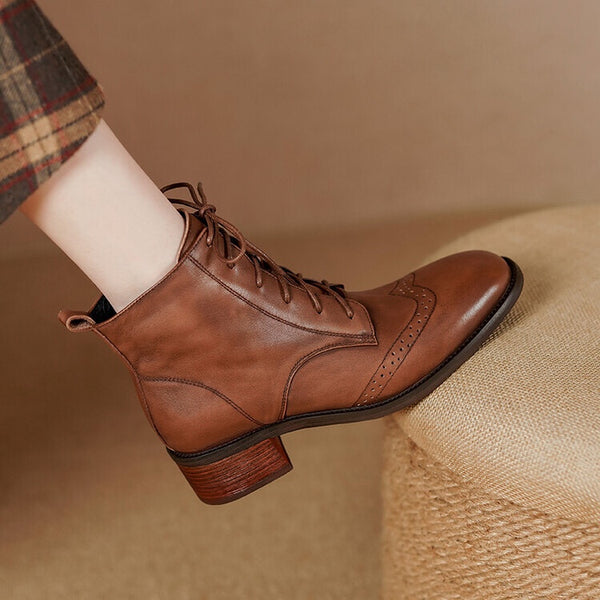 Botas Tobilleras de Cuero Estilo Retro con Cierre Lateral y Cordones
