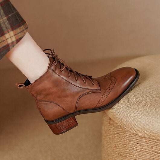 Botas Tobilleras de Cuero Estilo Retro con Cierre Lateral y Cordones - Image 2