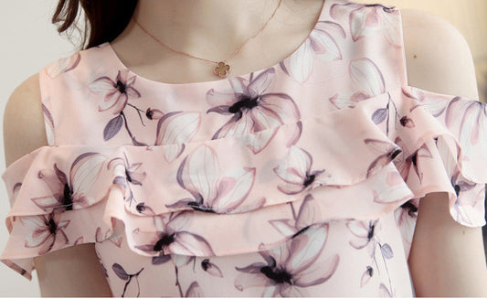 Blusa de Gasa Fruncida con Hombros Descubiertos para Mujer