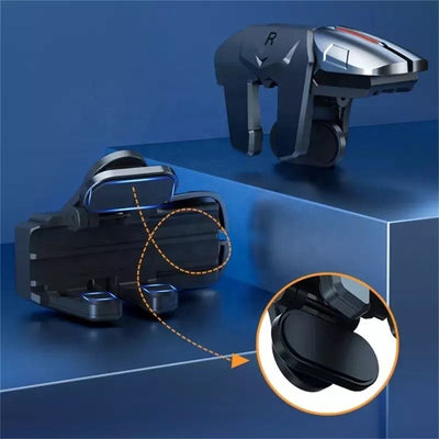 Pair of black and silver G21 six-finger auxiliary firing mobile gaming triggers with red accents on a blue surface. - Image 7