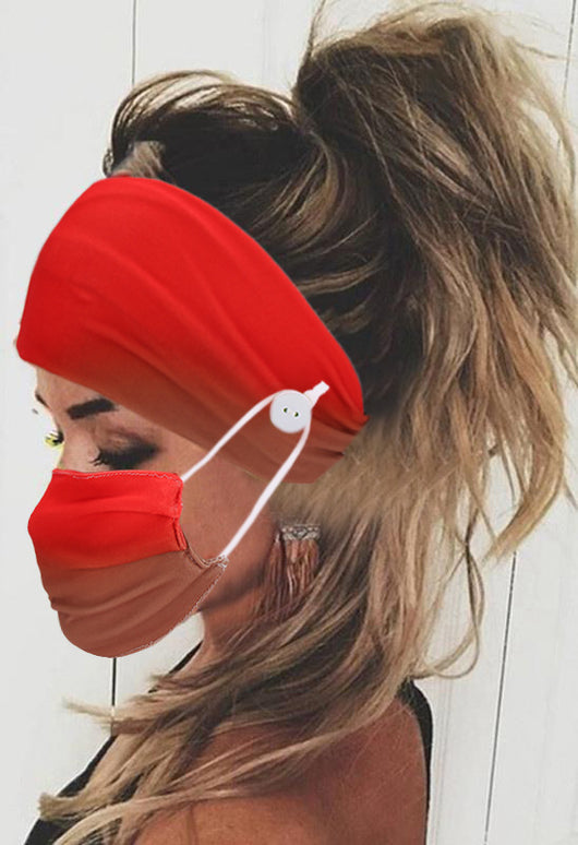 Gradient orange and yellow headband with buttons for attaching a matching pleated face mask, modeled by a woman. - Image 11