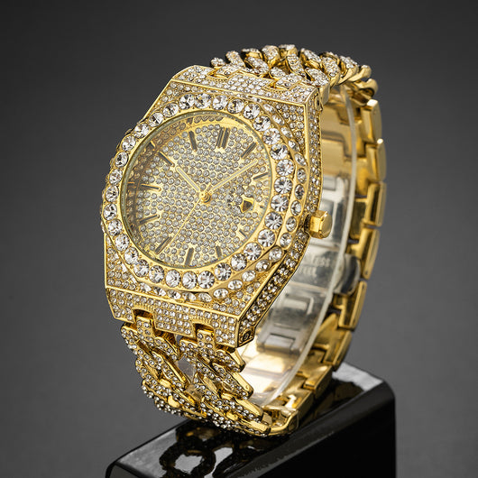 Reloj de Cadena Cubana Hip Hop con Diamantes de Hielo Estilo Urbano