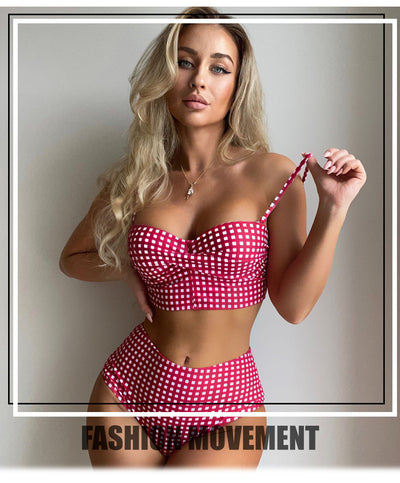 Bikini de Cintura Alta Estampado Cuadros con Abertura Sexy - Image 19