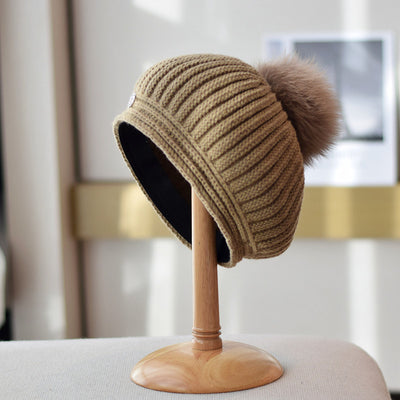 Boina de Lana con Pompón de Piel de Zorro - Estilo Vintage Británico para Otoño e Invierno - Image 4