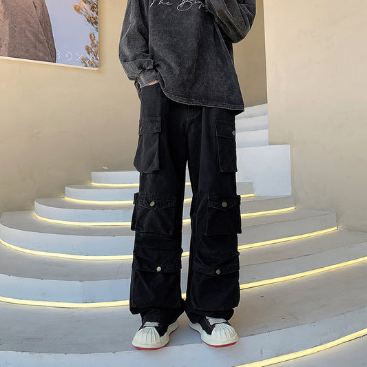 Pantalones Overol Hombre Tendencia Bolsillos Múltiples Pierna Ancha