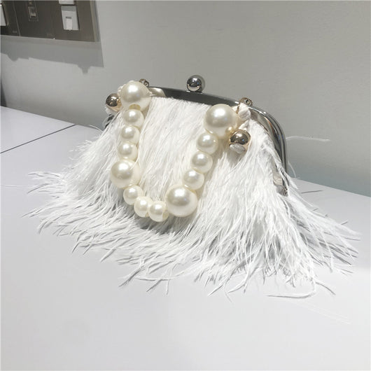 Bolso Bandolera de Plumas de Avestruz con Cadena de Perlas para Mujer - Image 14