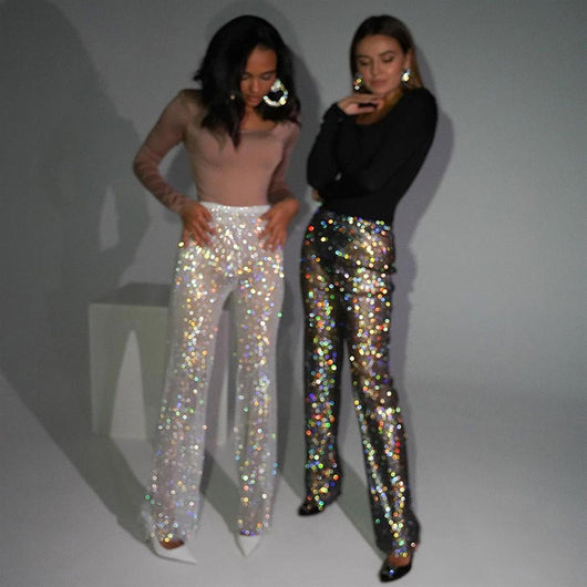Pantalones Anchos de Tiro Alto con Detalles de Strass y Malla