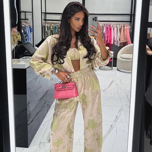 Conjunto de 3 Piezas: Camisa Manga Larga con Solapa, Top Tubo y Pantalón Ancho - Image 3