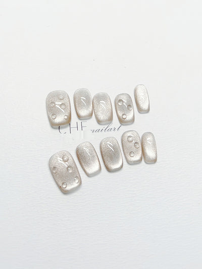 Uñas Postizas Cat Eye con Perlas de Agua - Diseño Sólido Corto - Image 5