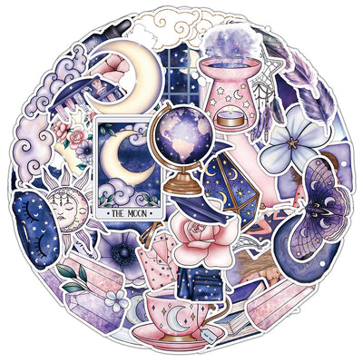 50-piece pack of mystical graffiti stickers featuring moons, stars, tarot cards, crystals, and butterflies in purple, pink, and blue. - Image 12