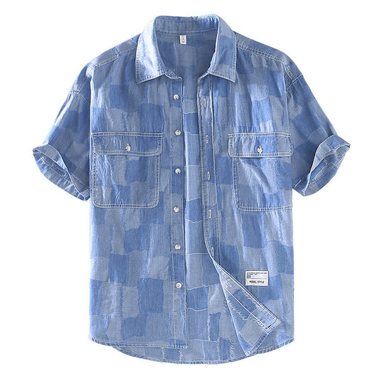 Camisa Denim Estampada de Manga Corta Cuadros Verano Hombre - Image 4