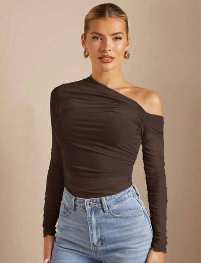 Blusa Larga de Malla Plisada con Manga Larga y Correa al Hombro para Mujer - Image 15