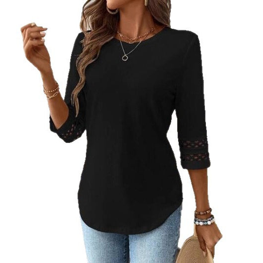 Blusa Casual para Mujer con Cuello Redondo, Encaje Patchwork y Mangas 3/4 - Image 4