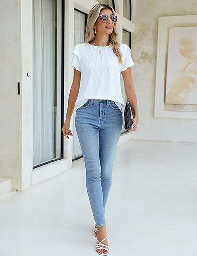 Blusa Ejecutiva Plisada de Manga Corta Cuello Redondo - Image 27