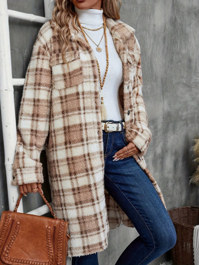 Abrigo Largo Tipo Plaid Impreso para Mujer con Doble Forro Plush y Bolsillos Laterales - Image 4