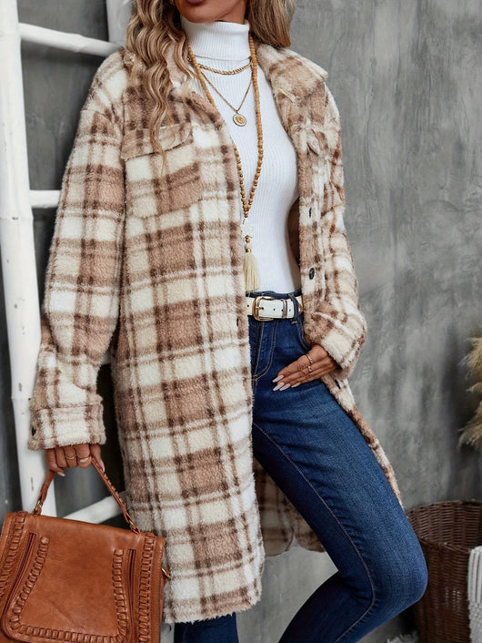 Abrigo Largo Tipo Plaid Impreso para Mujer con Doble Forro Plush y Bolsillos Laterales - Image 4