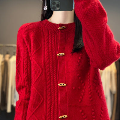 Cardigan de Lana Pura para Mujer Cuello Redondo Holgado