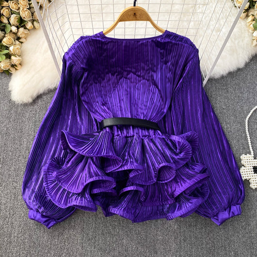Blusa Suelta con Cuello V, Mangas Largas y Volantes en Bajo - Image 40