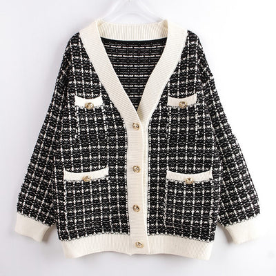 Cardigan Tejido Cuadros Mujer Estilo Elegante Oversize Abrigo Grueso - Image 15