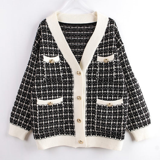 Cardigan Tejido Cuadros Mujer Estilo Elegante Oversize Abrigo Grueso - Image 15