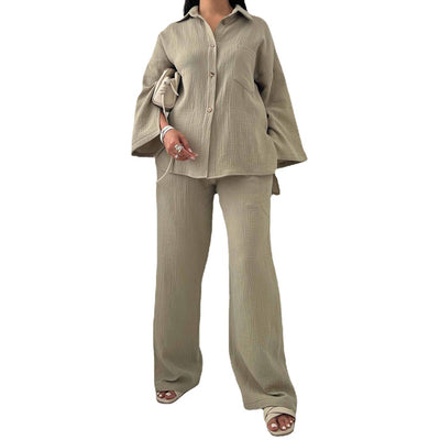 Conjunto de Moda Otoñal: Blusa Champray Manga Larga y Pantalón Wide Leg Cintura Alta - Image 5
