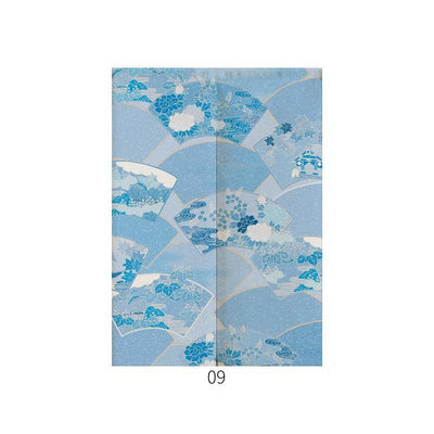 Japanese style noren door curtain with two red and blue Ukiyo-e koi fish on a cream wave pattern background. - Image 10