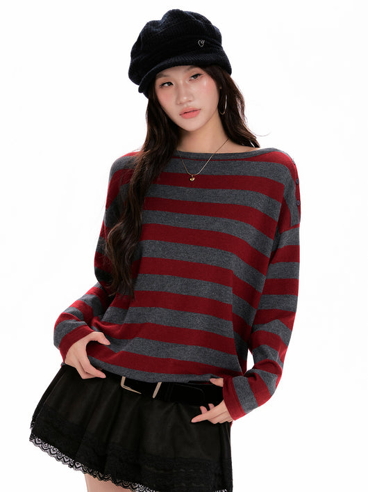 Suéter Tejido de Manga Larga con Rayas Rojas para Mujer - Image 8