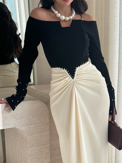 Vestido Elegante con Bloques de Color y Detalles de Perlas - Image 6