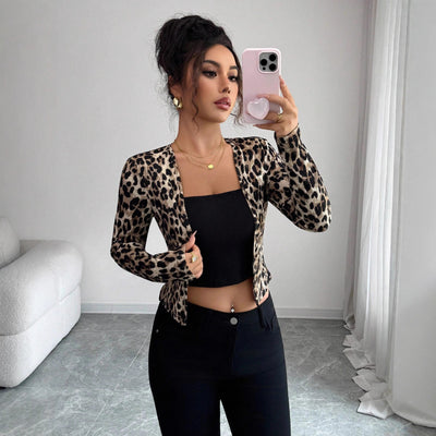 Cardigan Blusa Manga Larga Estampado Leopardo con Contraste de Colores para Mujer