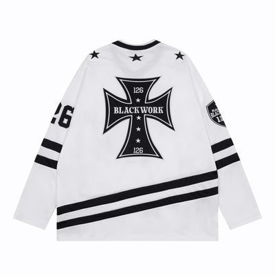 Camiseta de Cuello V Manga Larga Bordada Industrial Americana para Hombre - Image 7