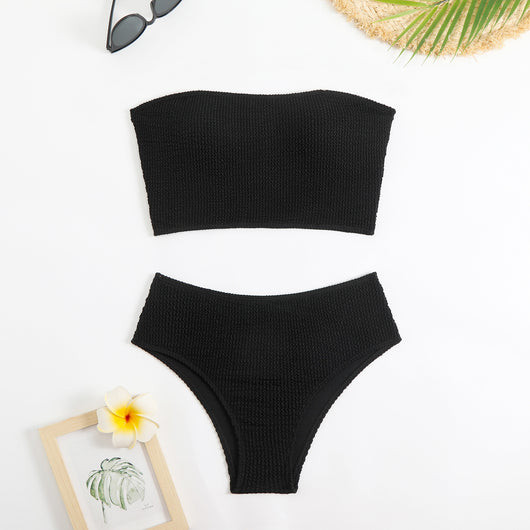 Blue high-waisted bikini set with a textured bandeau top and high-cut bottoms, laid flat on white. - Image 6