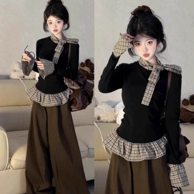Blusa Larga Negra de Dos Texturas con Mangas Largas para Otoño