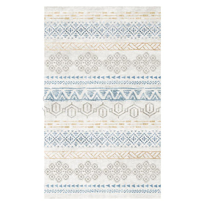 Rectangular area rug with white background and horizontal stripes of black, teal, and yellow tribal patterns. - Image 3