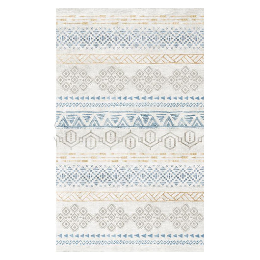 Rectangular area rug with white background and horizontal stripes of black, teal, and yellow tribal patterns. - Image 3