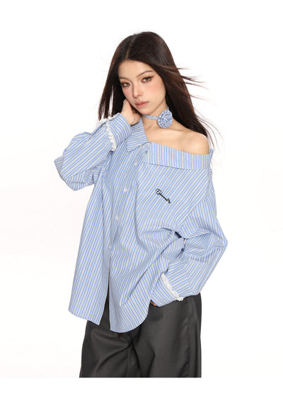 Blusa Larga Azul a Rayas Reductora de Hombros para Mujer - Image 5